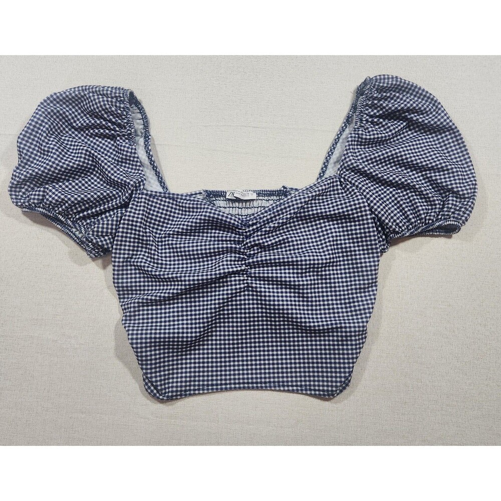 Zara Women's Short Sleeve Blue Plaid Croptop Sz Medium #064